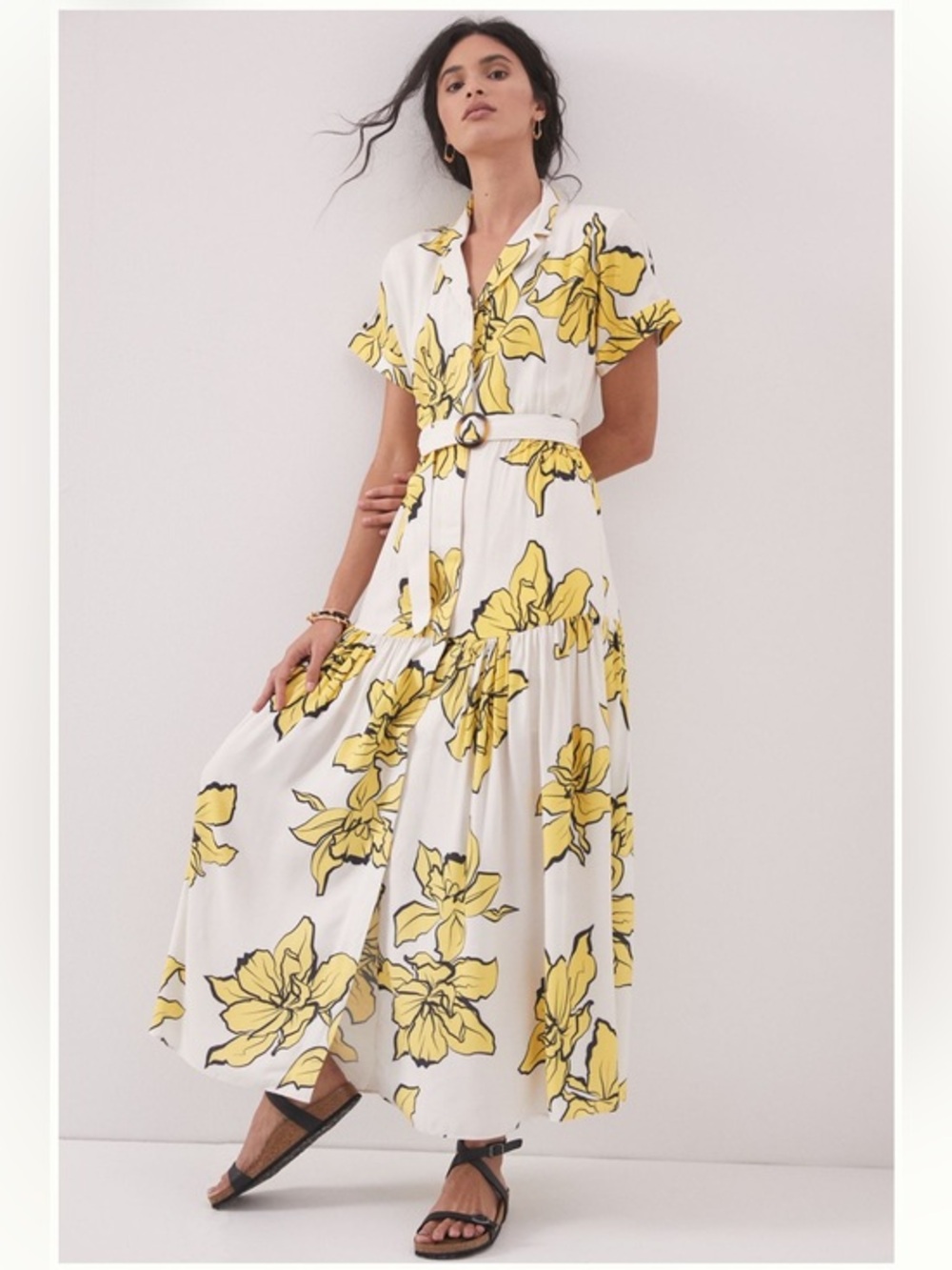 Anthropologie Hutch White Maxi Dress with Yellow Floral Print and Belt